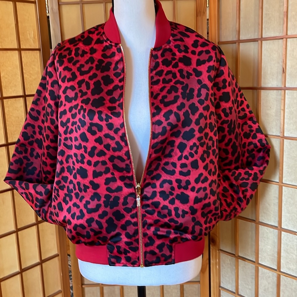 IMAN Jacket Global Chic Reversible Red Black Print to Solid Red Bomber Jacket